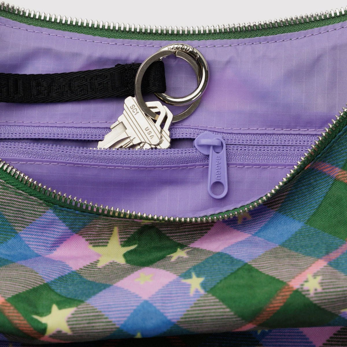 Baggu Medium Crescent Bag Green Star Plaid - Steranko Clothing Manchester