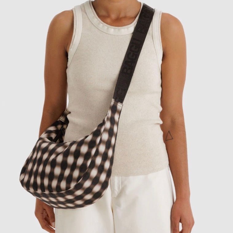 Baggu Medium Nylon Crescent Bag Blurred Gingham Brown - Steranko Clothing Manchester
