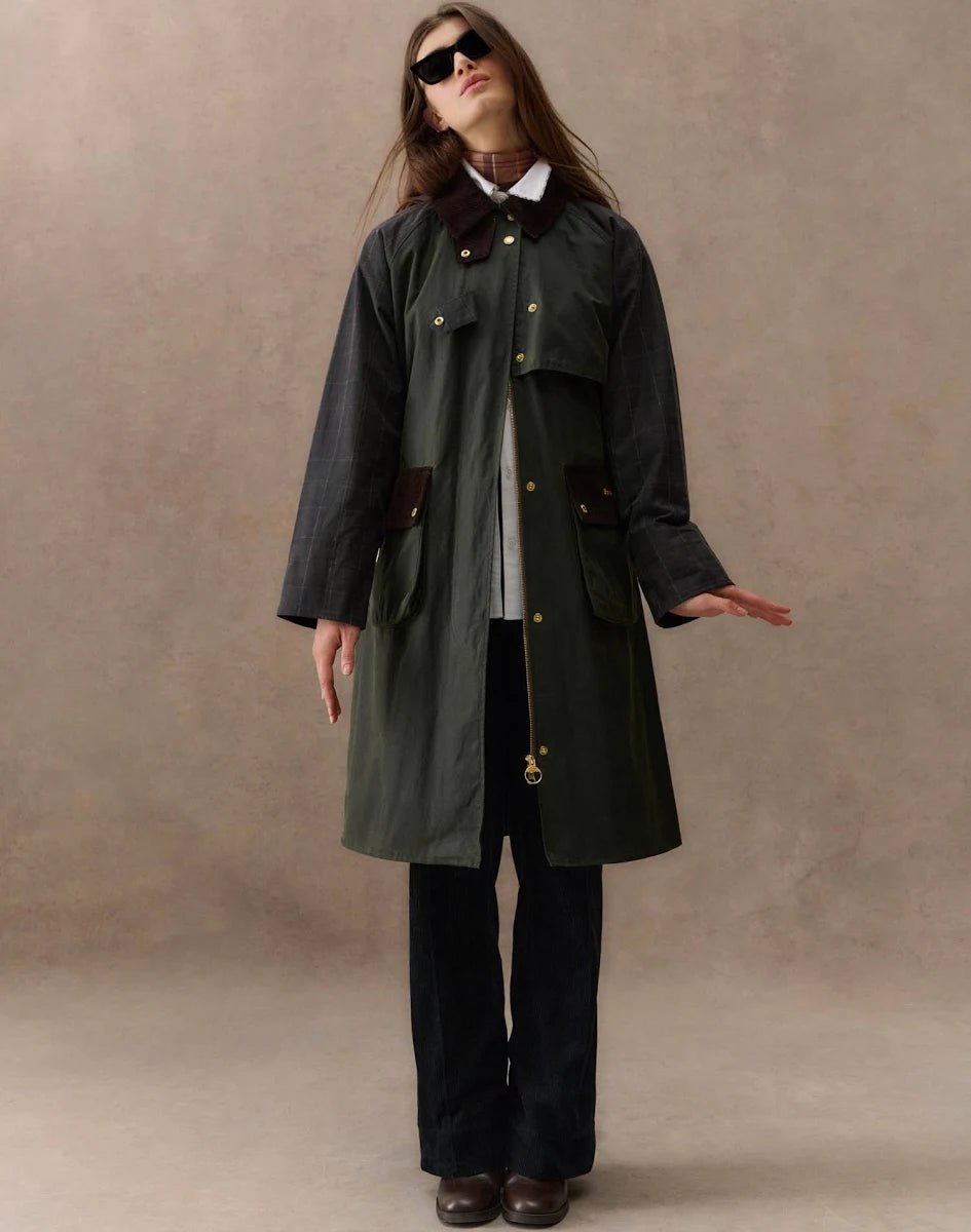 Barbour Checked Kirless Waxed Long Jacket Fern - Steranko Clothing Manchester