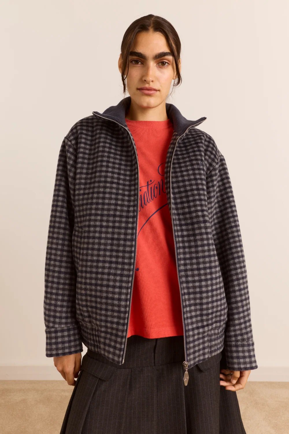Damson Madder Pixie Wool Blend Bomber Willow Gingham - Steranko Clothing Manchester