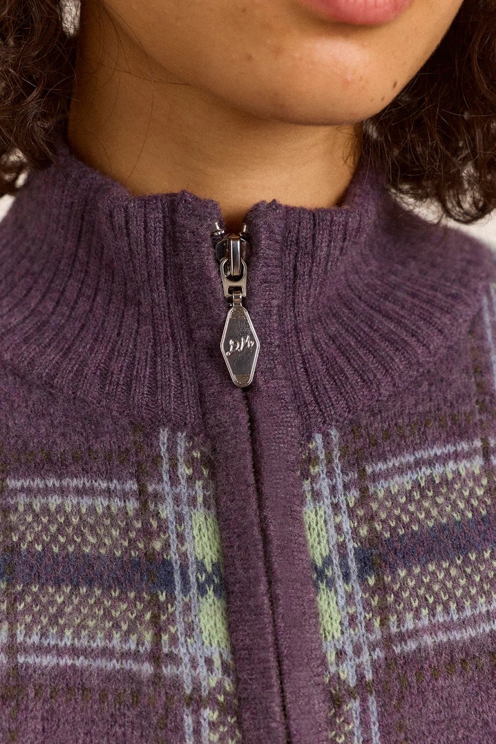 Damson Madder Saffy Merino Wool Cardigan Brushed Check Lilac - Steranko Clothing Manchester