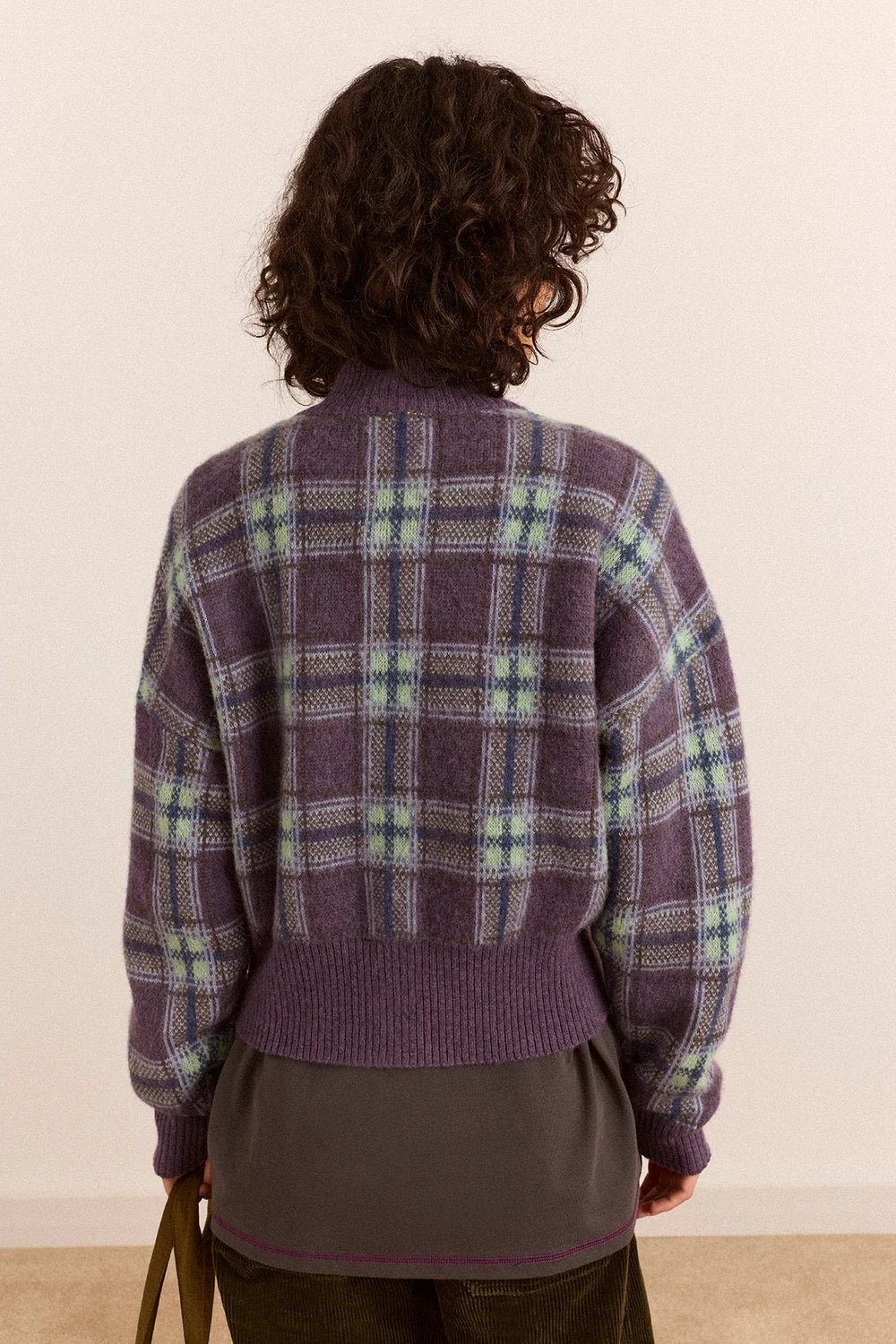 Damson Madder Saffy Merino Wool Cardigan Brushed Check Lilac - Steranko Clothing Manchester
