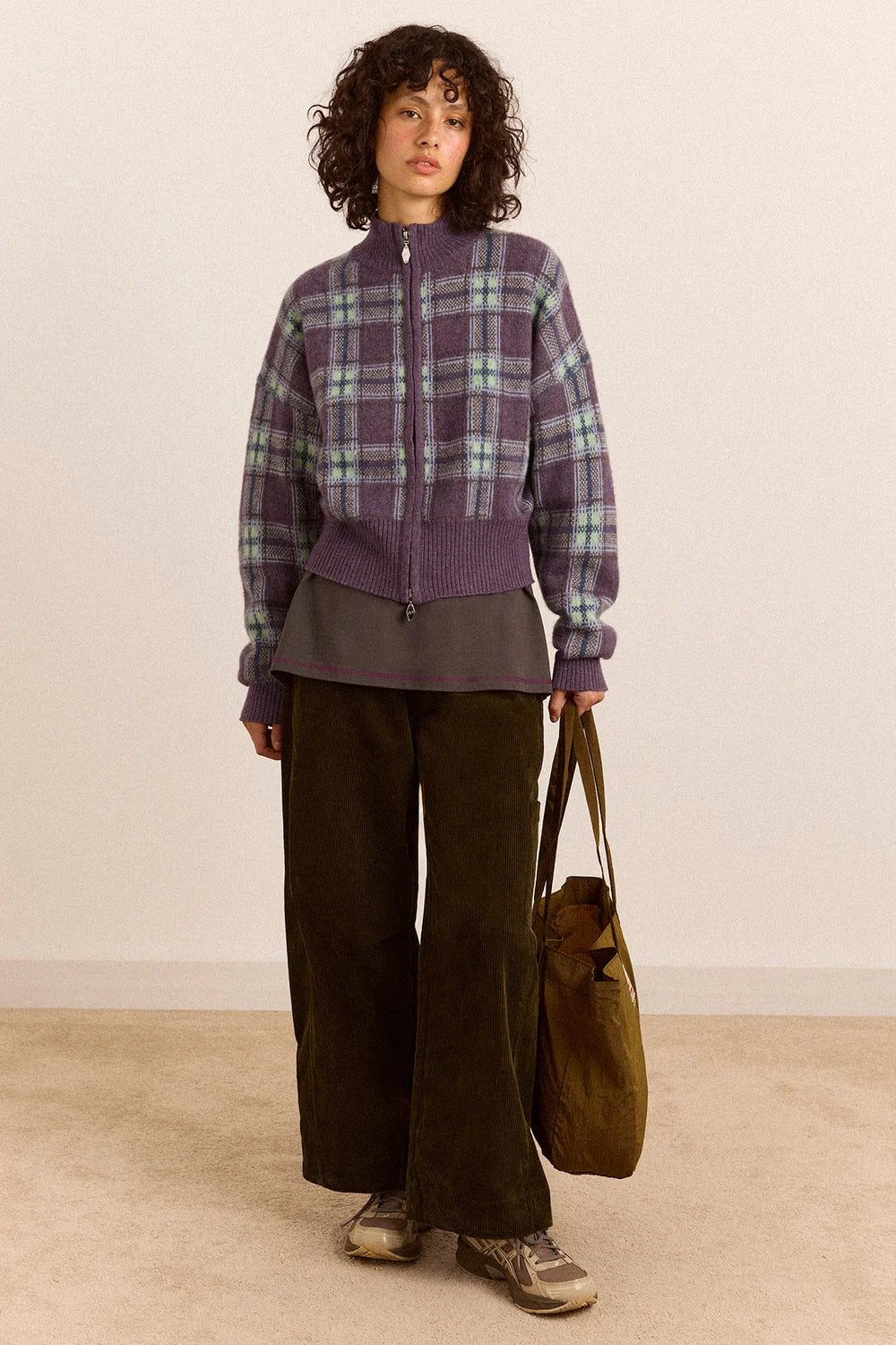 Damson Madder Saffy Merino Wool Cardigan Brushed Check Lilac - Steranko Clothing Manchester
