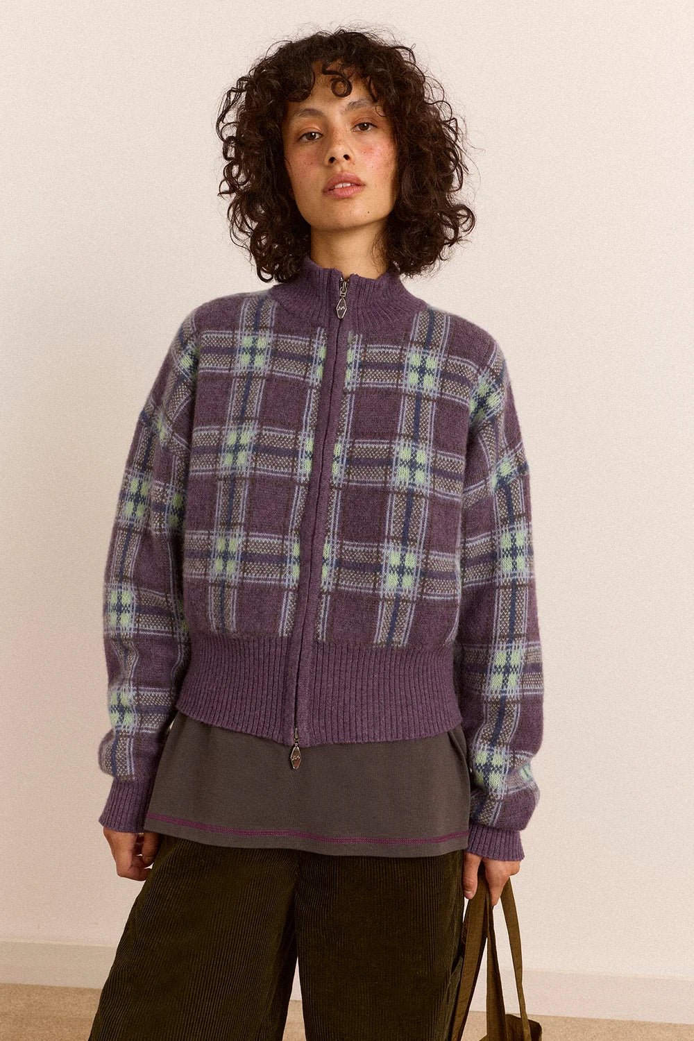 Damson Madder Saffy Merino Wool Cardigan Brushed Check Lilac - Steranko Clothing Manchester