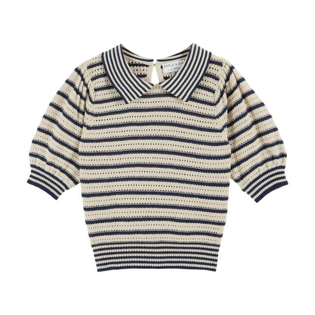 Emile & Ida Dauphin Striped Knitted Polo Shirt Marina Blue - Steranko Clothing Manchester