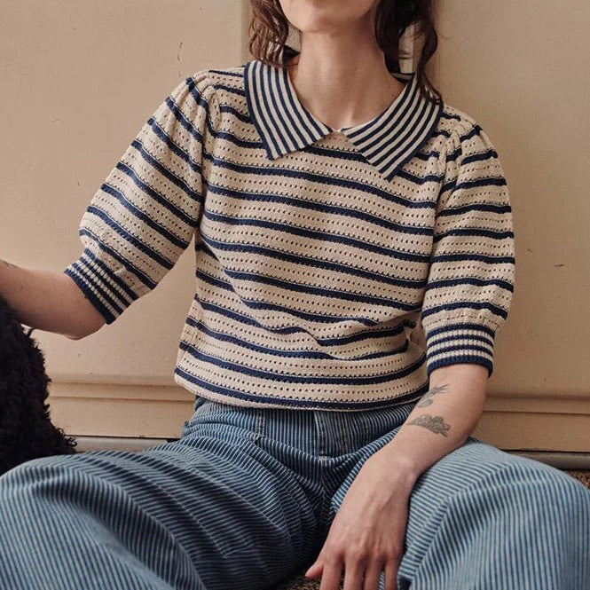 Emile & Ida Dauphin Striped Knitted Polo Shirt Marina Blue - Steranko Clothing Manchester
