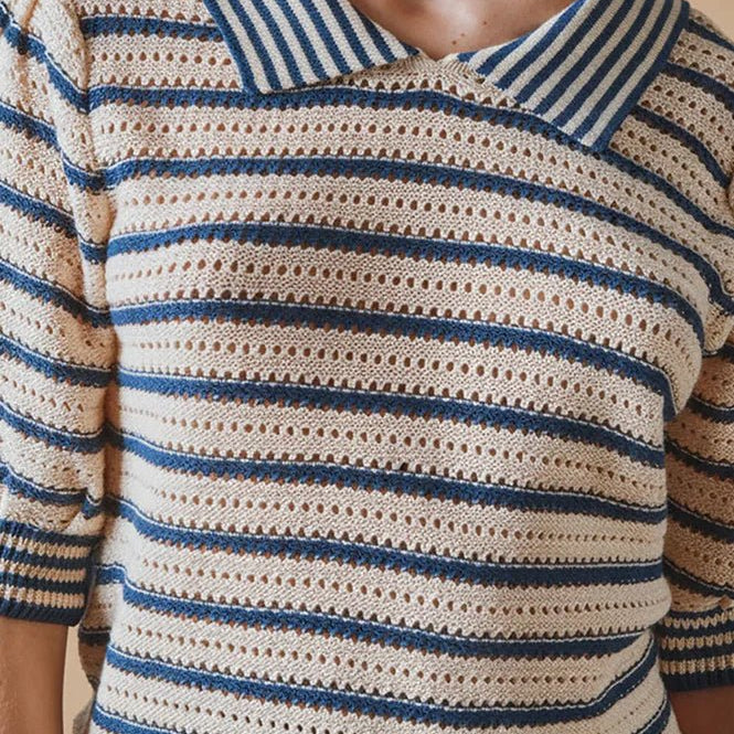 Emile & Ida Dauphin Striped Knitted Polo Shirt Marina Blue - Steranko Clothing Manchester