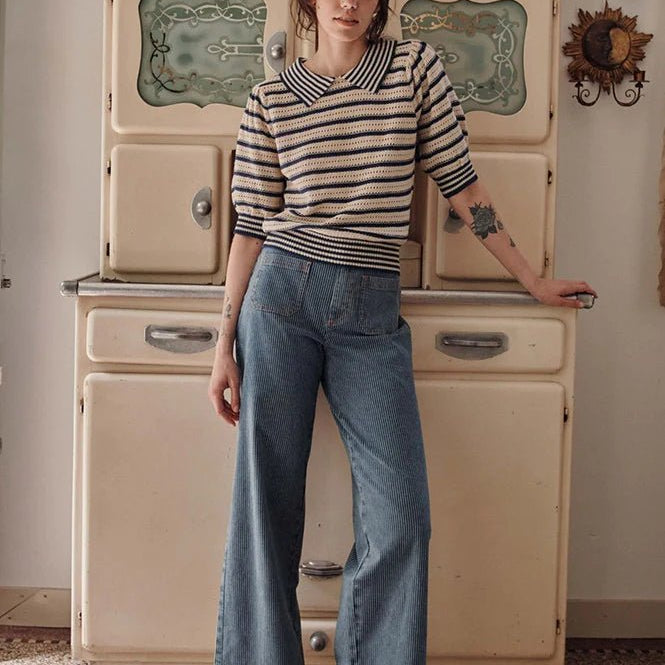 Emile & Ida Dauphin Striped Knitted Polo Shirt Marina Blue - Steranko Clothing Manchester