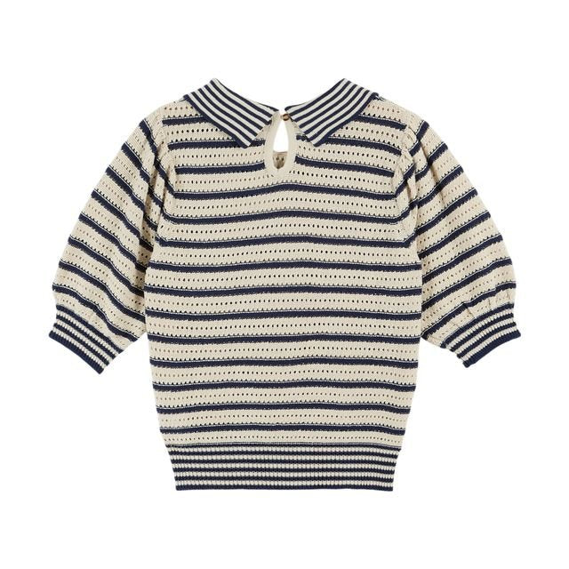 Emile & Ida Dauphin Striped Knitted Polo Shirt Marina Blue - Steranko Clothing Manchester