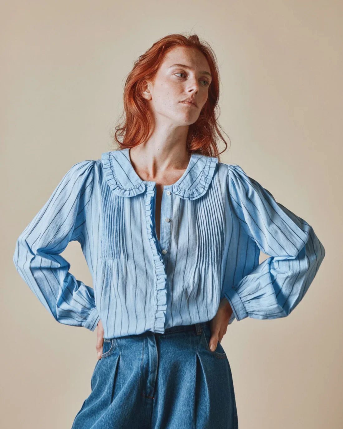 Emile & Ida Dede Blouse Jacquard Blue - Steranko Clothing Manchester