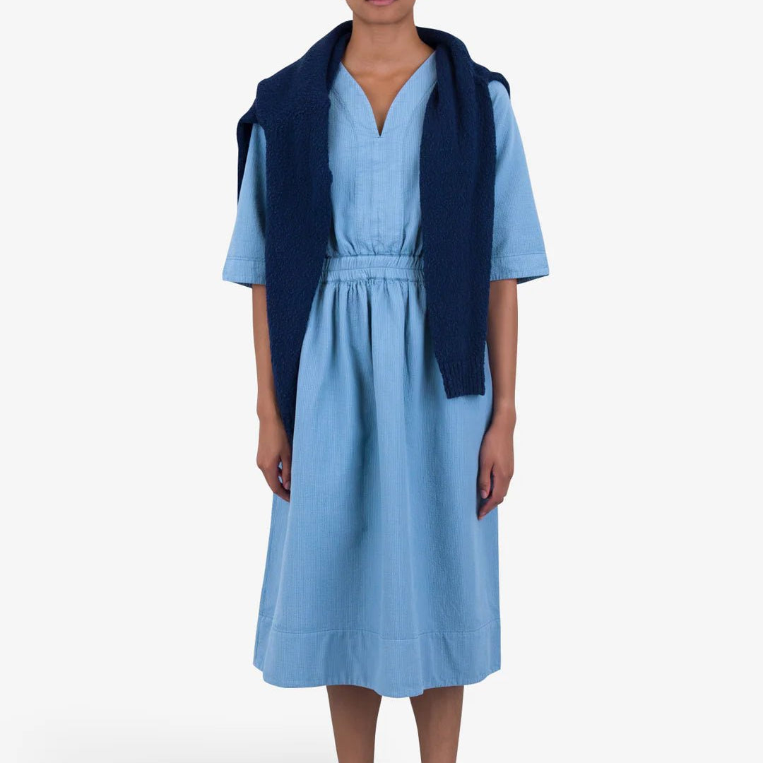 Folk W' Gathered Dress Light Indigo Topstitch - Steranko Clothing Manchester