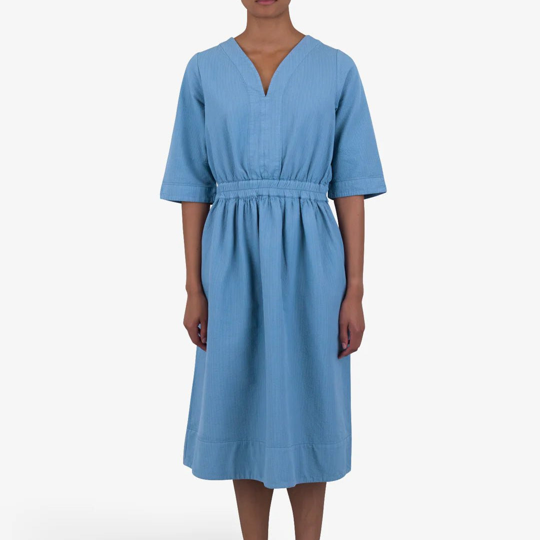 Folk W' Gathered Dress Light Indigo Topstitch - Steranko Clothing Manchester