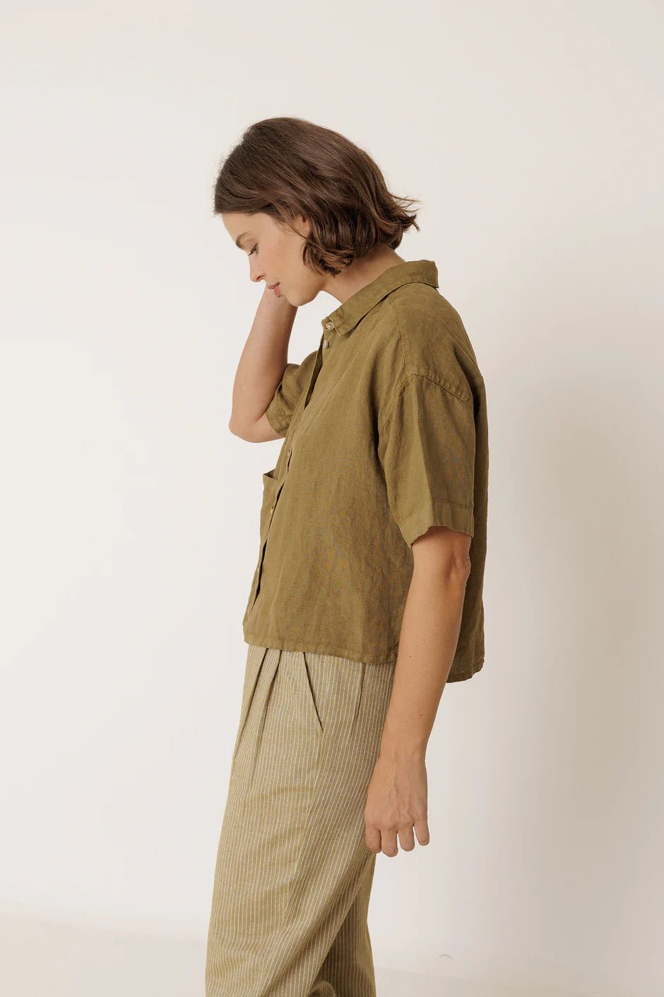 INDI&COLD Crop Linen Shirt Khaki - Steranko Clothing Manchester