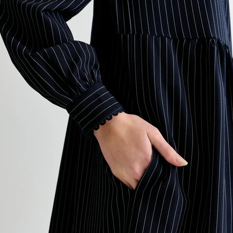 Louche Manton Pinstripe Zip Front Lace Trim Dress Navy - Steranko Clothing Manchester