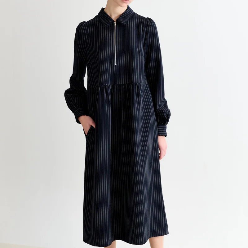 Louche Manton Pinstripe Zip Front Lace Trim Dress Navy - Steranko Clothing Manchester