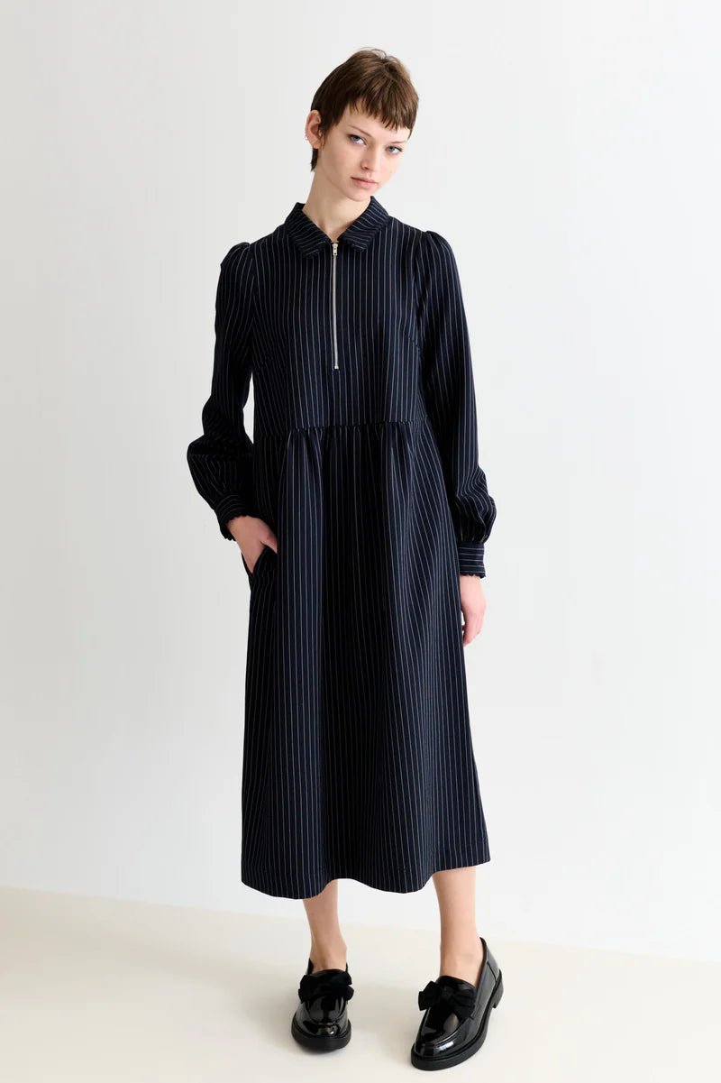 Louche Manton Pinstripe Zip Front Lace Trim Dress Navy - Steranko Clothing Manchester