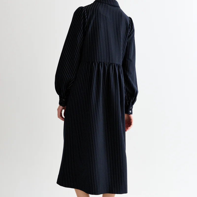 Louche Manton Pinstripe Zip Front Lace Trim Dress Navy - Steranko Clothing Manchester
