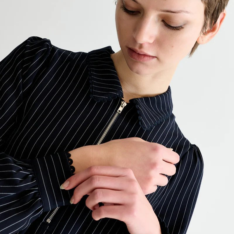 Louche Manton Pinstripe Zip Front Lace Trim Dress Navy - Steranko Clothing Manchester