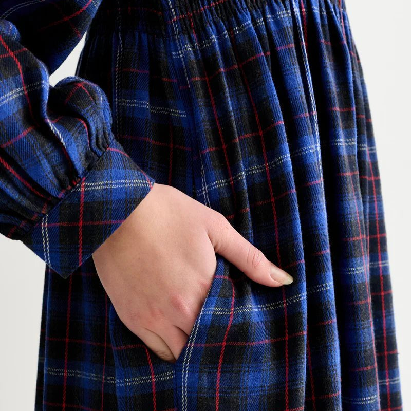 Louche Peppi Winter Check Smocked Bodice Midi Dress Blue - Steranko Clothing Manchester