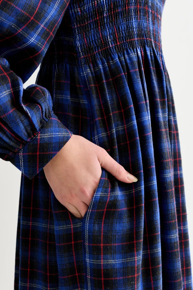 Louche Peppi Winter Check Smocked Bodice Midi Dress Blue - Steranko Clothing Manchester
