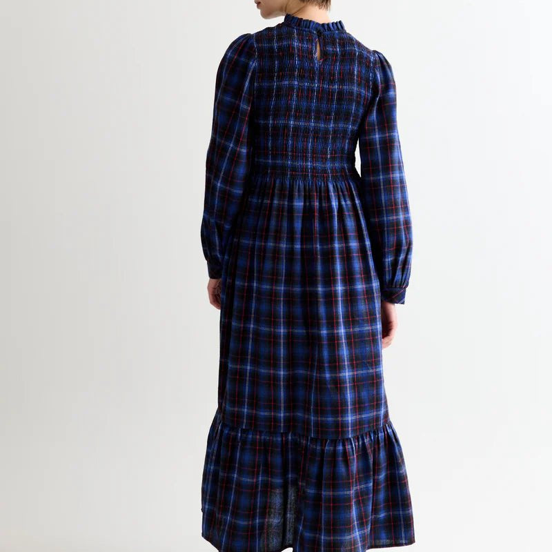 Louche Peppi Winter Check Smocked Bodice Midi Dress Blue - Steranko Clothing Manchester