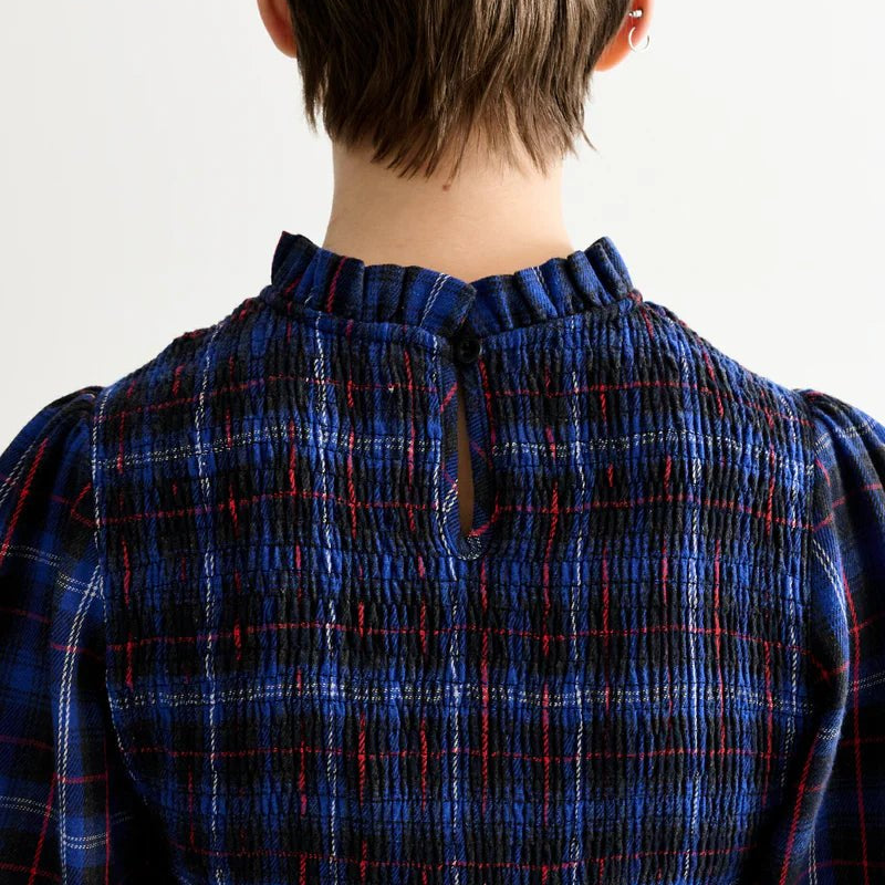 Louche Peppi Winter Check Smocked Bodice Midi Dress Blue - Steranko Clothing Manchester