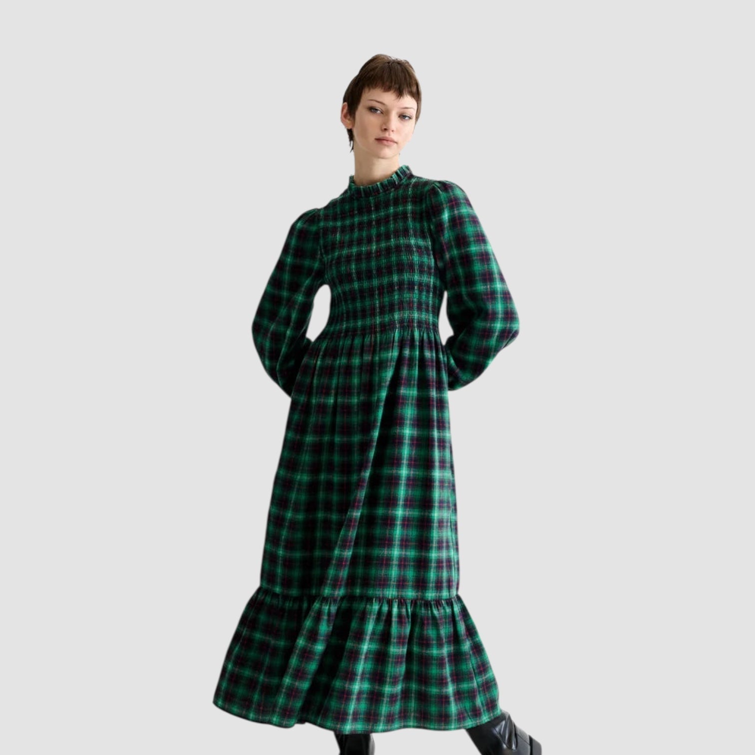 Louche Peppi Winter Check Smocked Bodice Midi Dress Green - Steranko Clothing Manchester