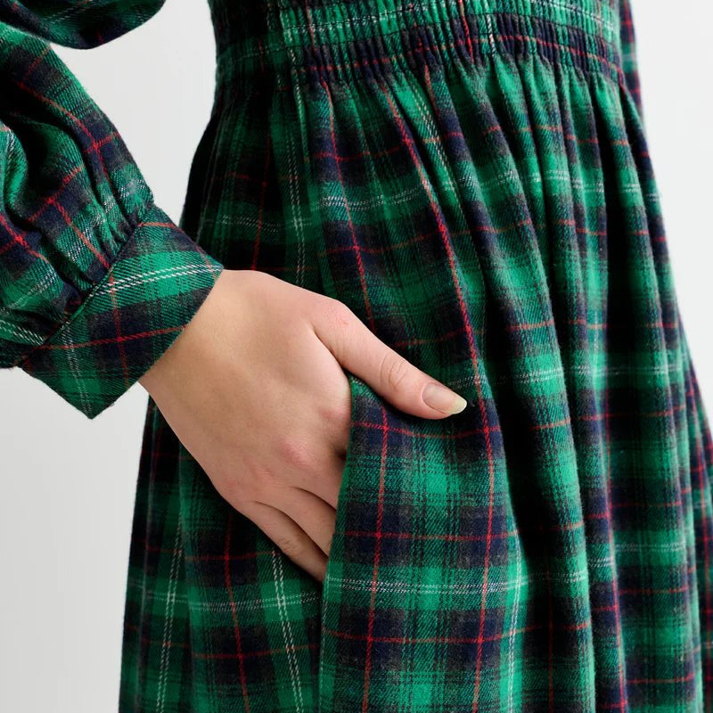 Louche Peppi Winter Check Smocked Bodice Midi Dress Green - Steranko Clothing Manchester