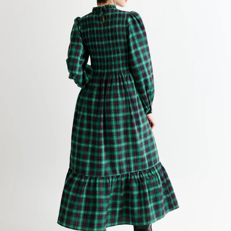Louche Peppi Winter Check Smocked Bodice Midi Dress Green - Steranko Clothing Manchester
