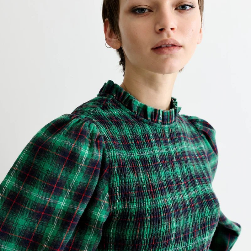 Louche Peppi Winter Check Smocked Bodice Midi Dress Green - Steranko Clothing Manchester