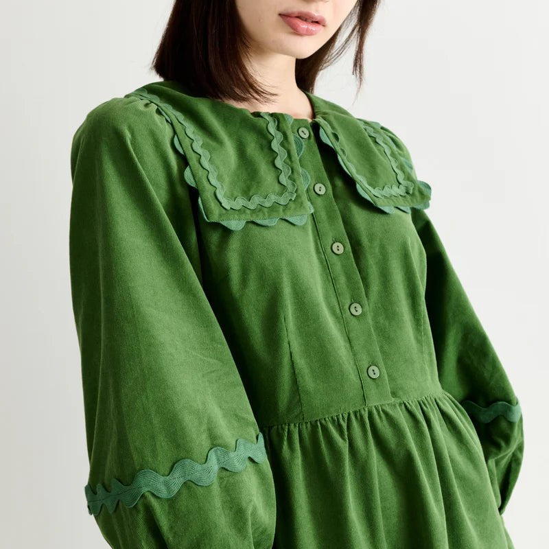 Louche Prudence Babycord Big Collar Dress Olive - Steranko Clothing Manchester