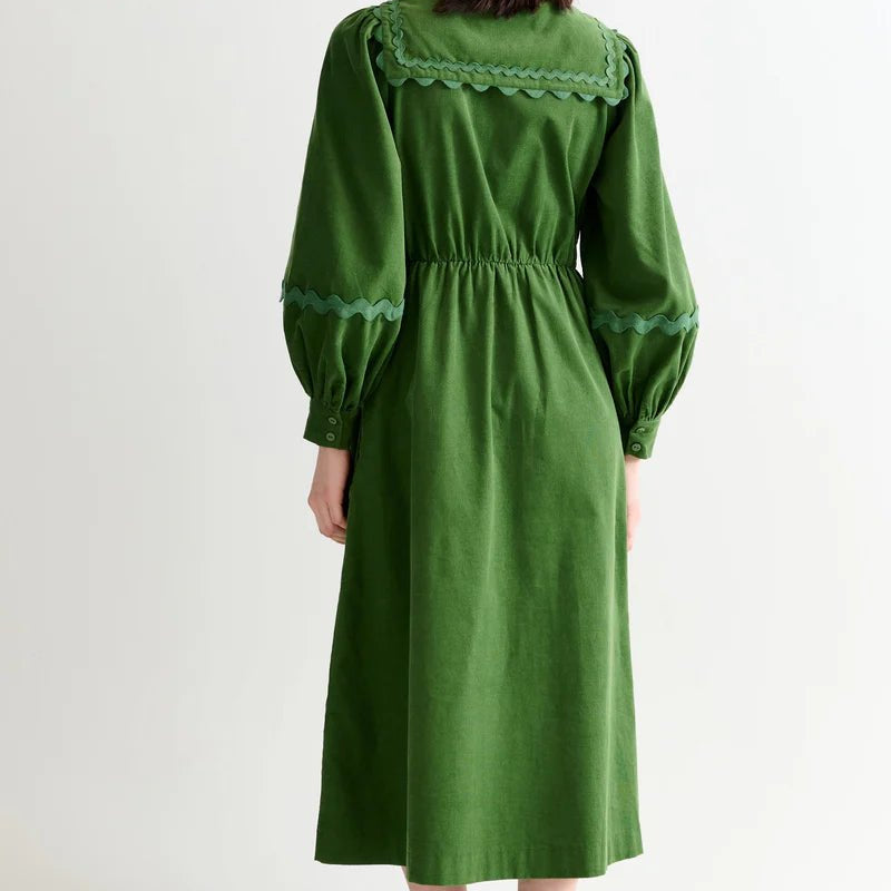 Louche Prudence Babycord Big Collar Dress Olive - Steranko Clothing Manchester