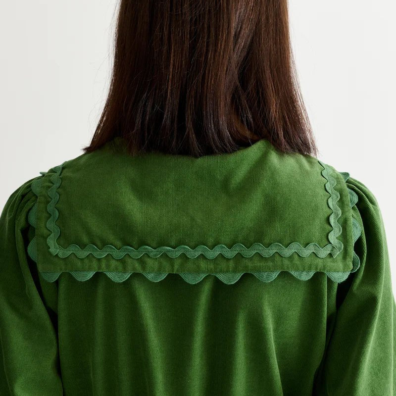 Louche Prudence Babycord Big Collar Dress Olive - Steranko Clothing Manchester