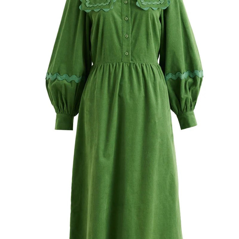 Louche Prudence Babycord Big Collar Dress Olive - Steranko Clothing Manchester