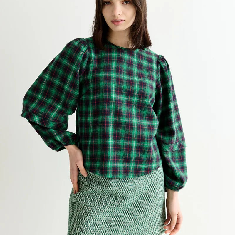 Louche Rivka Winter Check Pleat Long Sleeve Blouse Green - Steranko Clothing Manchester