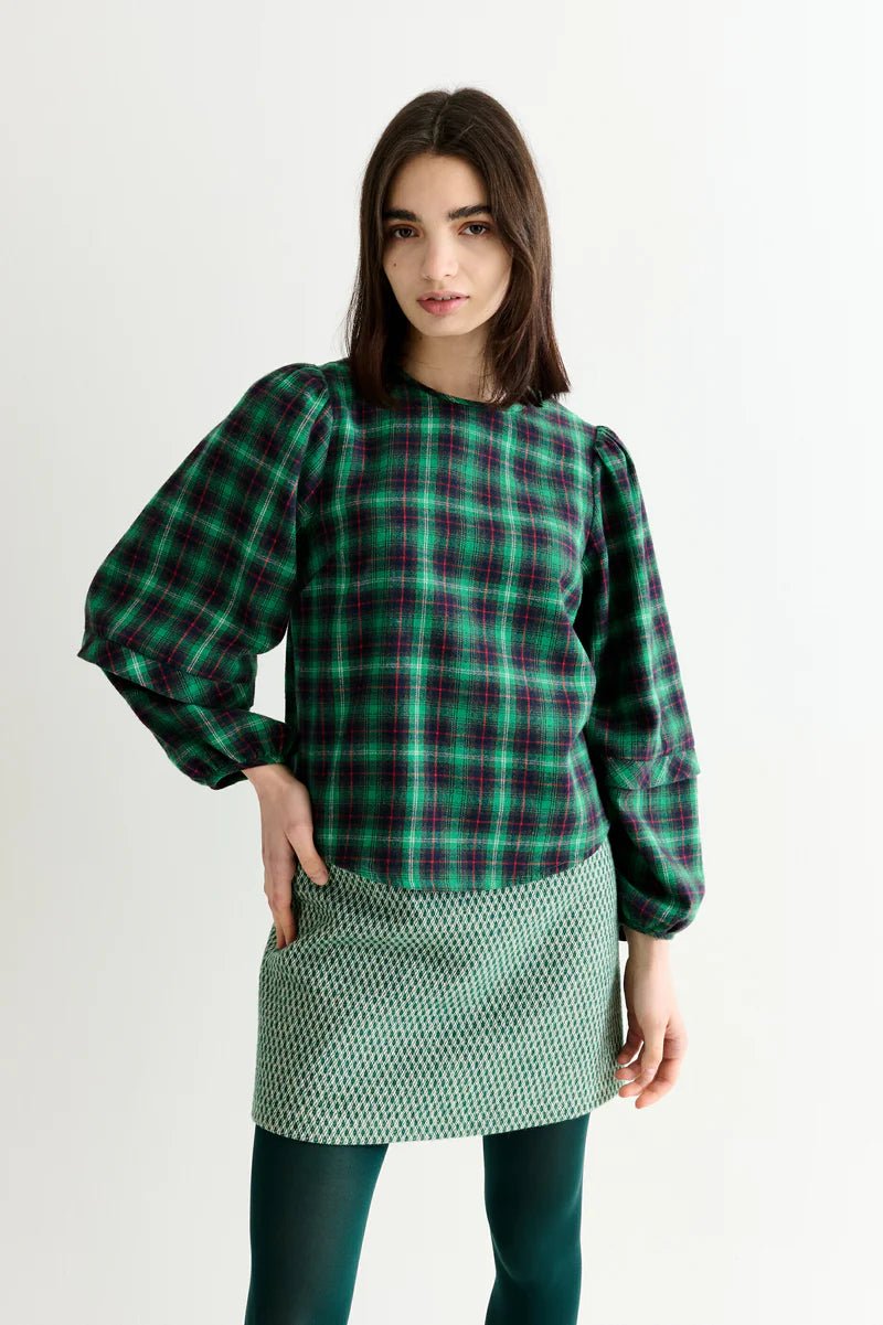 Louche Rivka Winter Check Pleat Long Sleeve Blouse Green - Steranko Clothing Manchester