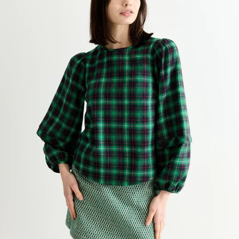 Louche Rivka Winter Check Pleat Long Sleeve Blouse Green - Steranko Clothing Manchester