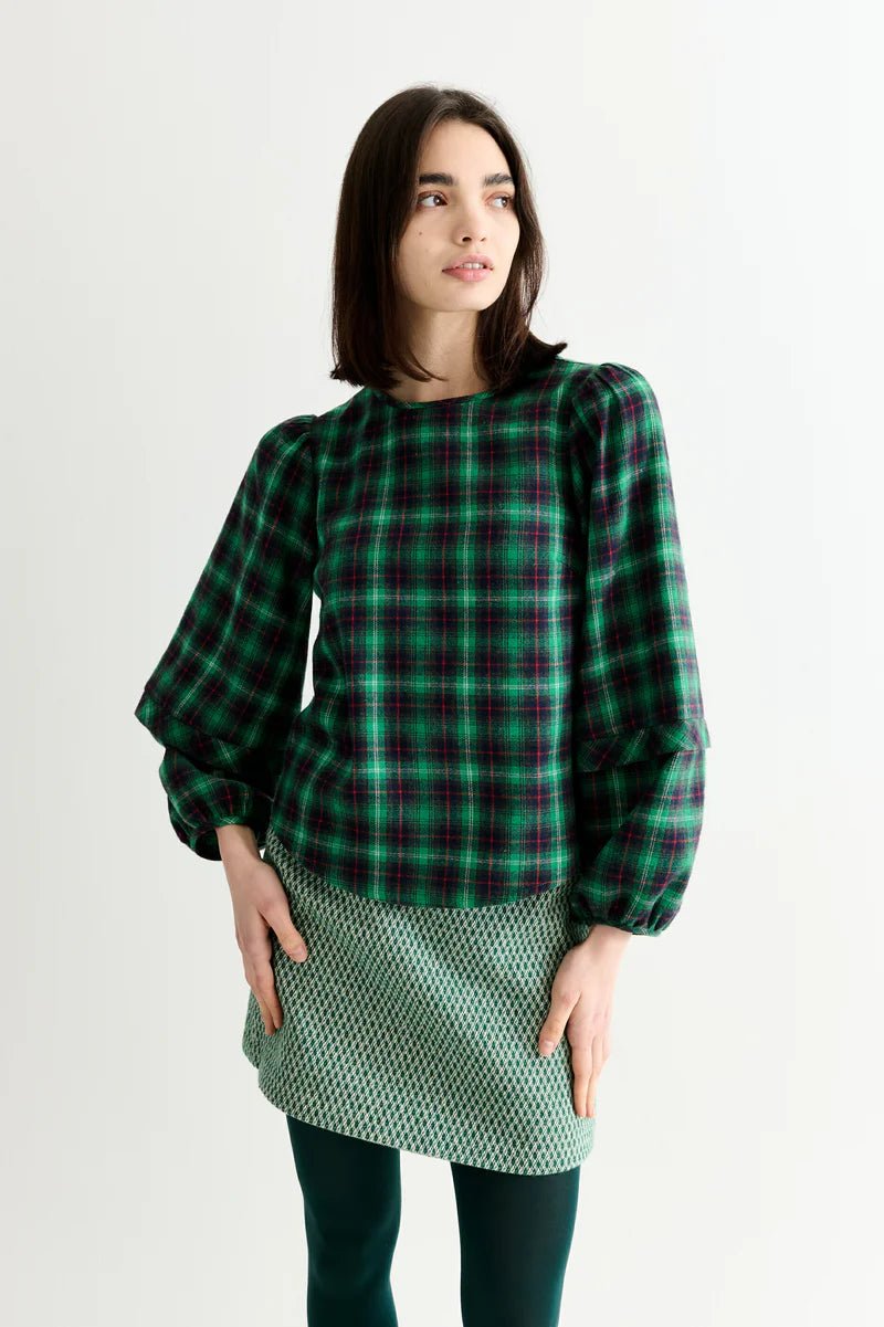 Louche Rivka Winter Check Pleat Long Sleeve Blouse Green - Steranko Clothing Manchester