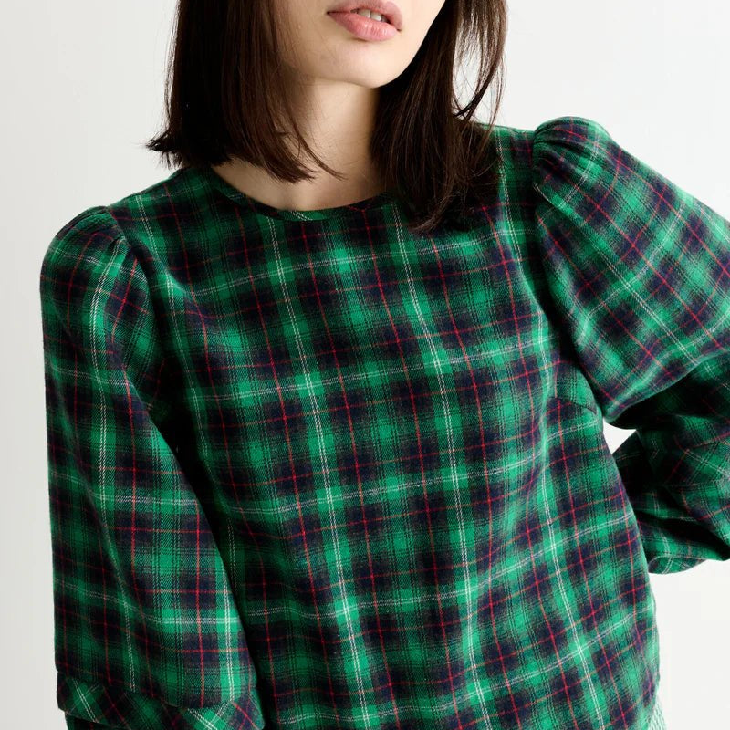 Louche Rivka Winter Check Pleat Long Sleeve Blouse Green - Steranko Clothing Manchester