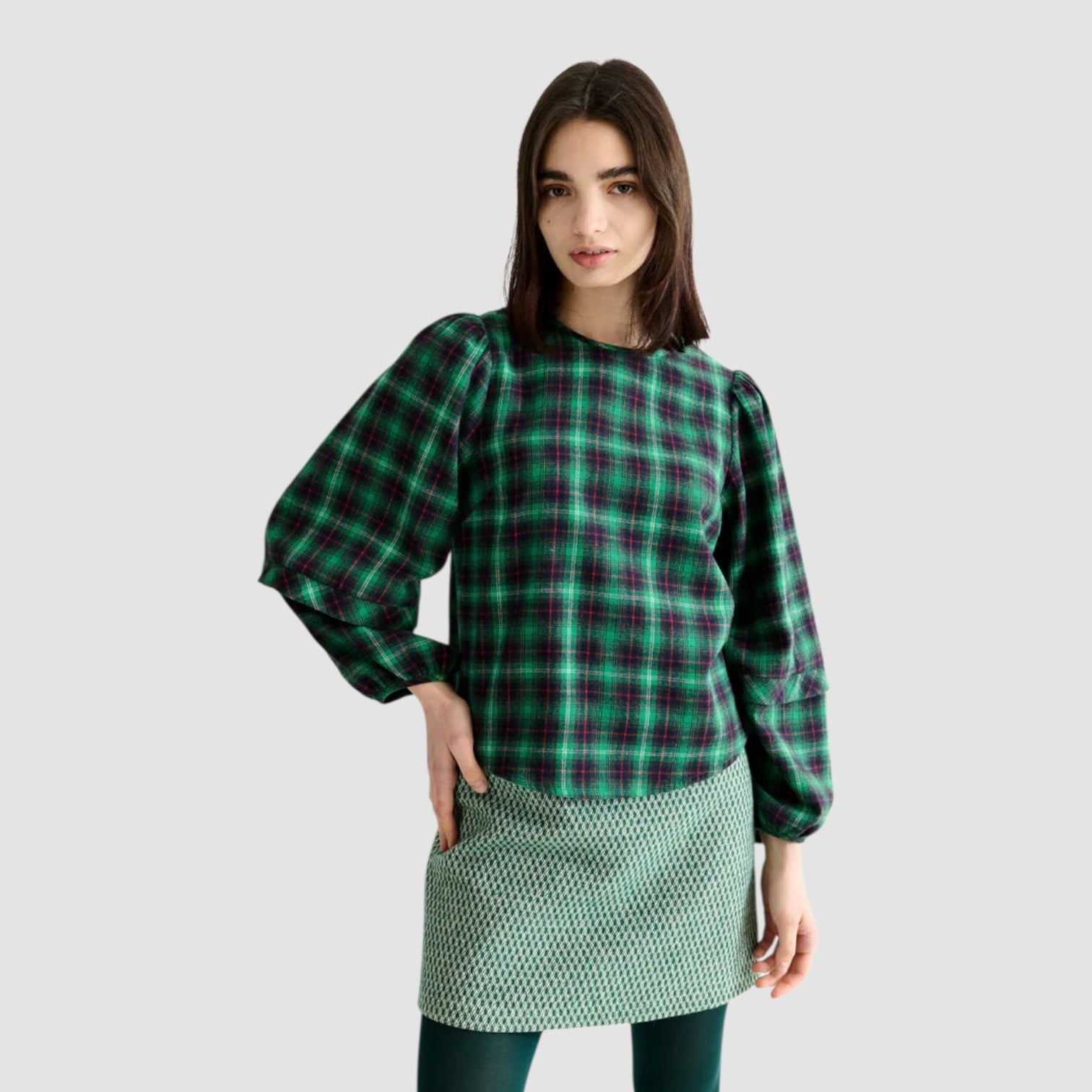 Louche Rivka Winter Check Pleat Long Sleeve Blouse Green - Steranko Clothing Manchester
