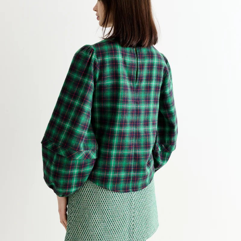 Louche Rivka Winter Check Pleat Long Sleeve Blouse Green - Steranko Clothing Manchester