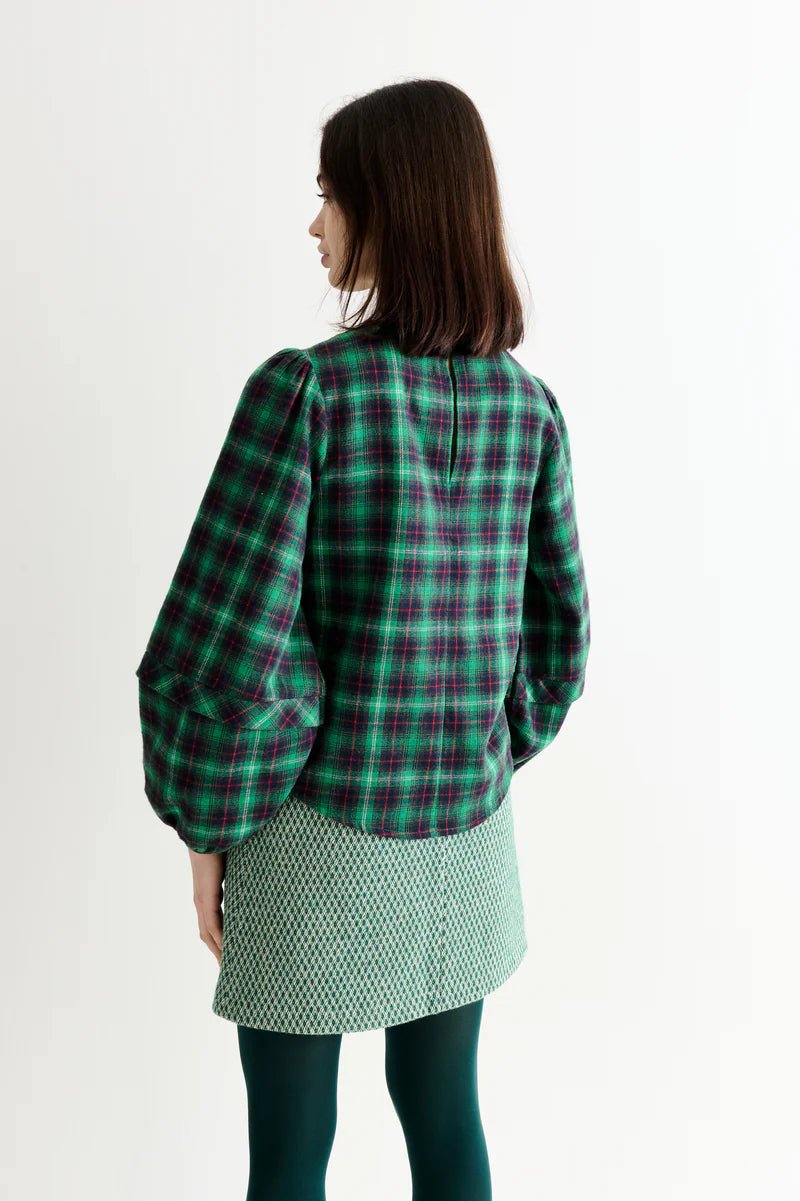 Louche Rivka Winter Check Pleat Long Sleeve Blouse Green - Steranko Clothing Manchester