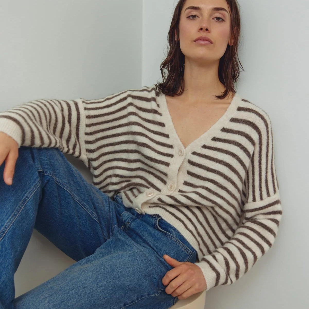 Noella Lenda Knit Cardigan Brown Ivory Stripe - Steranko Clothing Manchester