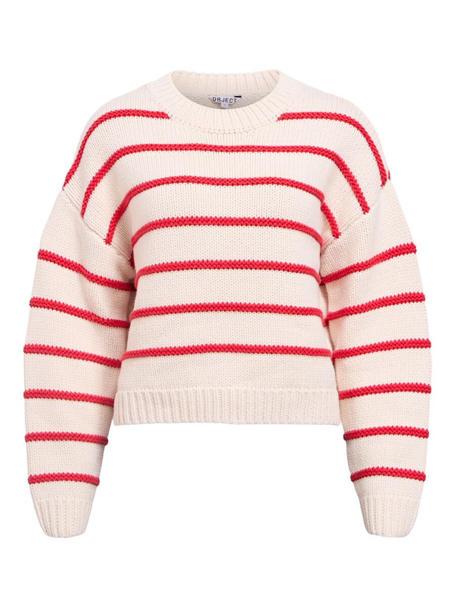 Object Joda L/S Lo Striped Knit Pullover Birch Poinsettia - Steranko Clothing Manchester