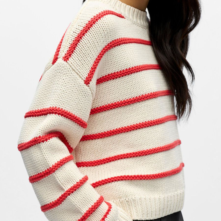 Object Joda L/S Lo Striped Knit Pullover Birch Poinsettia - Steranko Clothing Manchester