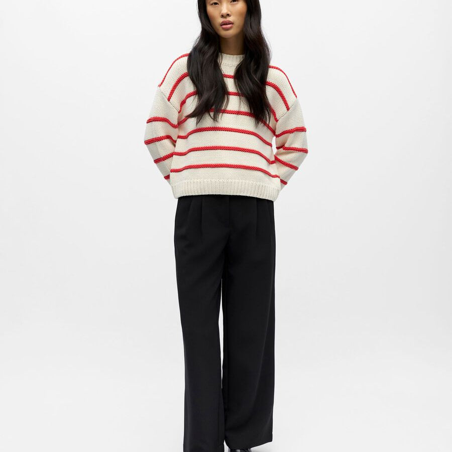 Object Joda L/S Lo Striped Knit Pullover Birch Poinsettia - Steranko Clothing Manchester