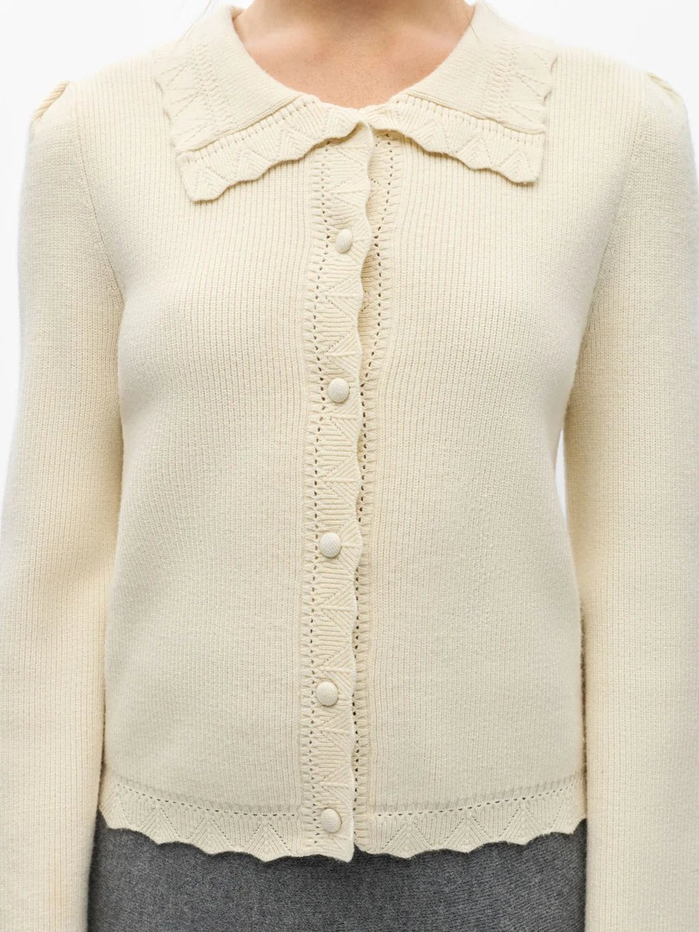 Object Parya Scalloped Knitted Cardigan Birch - Steranko Clothing Manchester