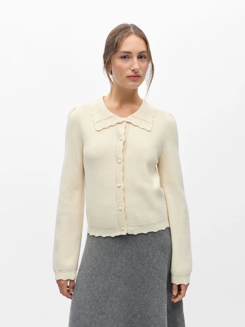 Object Parya Scalloped Knitted Cardigan Birch - Steranko Clothing Manchester