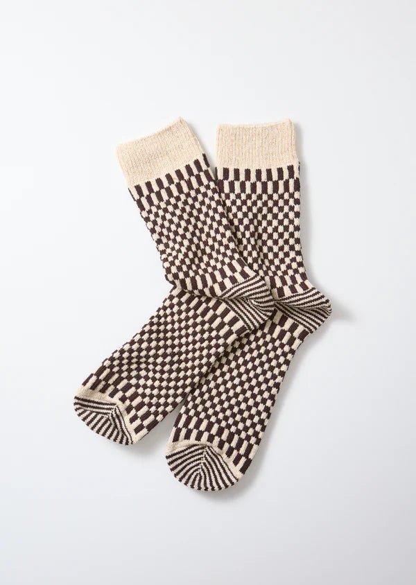 Rototo Checkerboard Pattern Socks Brown - Steranko Clothing Manchester