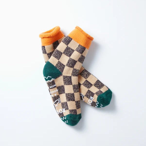 Rototo Pile Room Socks Checkerboard Light Orange / Dark Green - Steranko Clothing Manchester